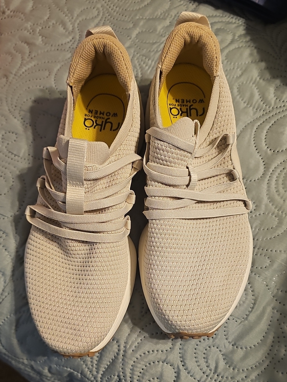 Ryka Women's Knit Slip-On Sneakers in Cream with Yellow Insoles
